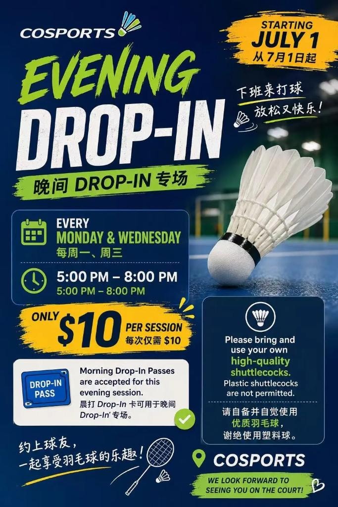 Cosports Evening Drop-In Badminton flyer