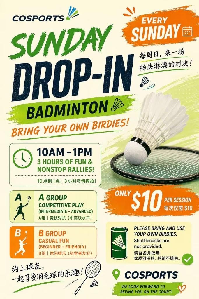 Cosports Sunday Drop-In Badminton flyer